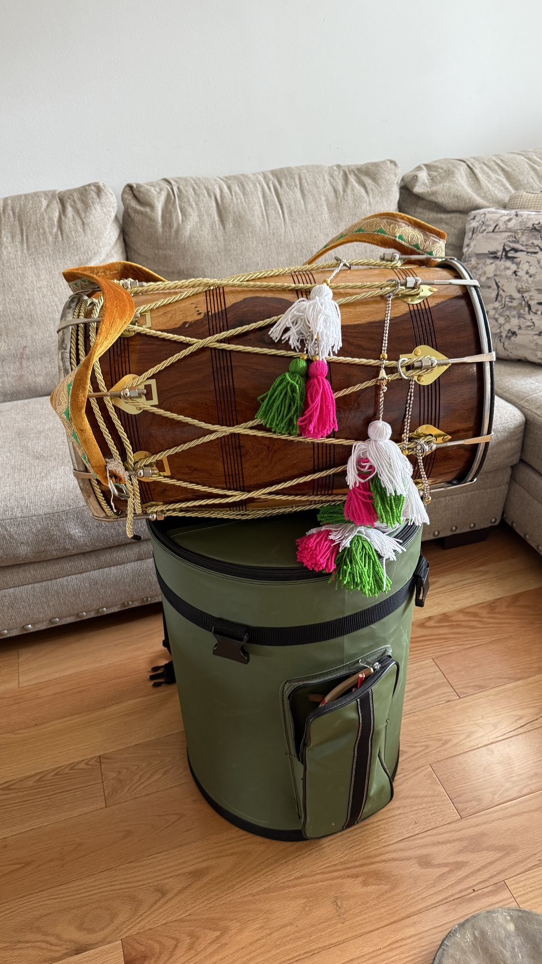 Chet Ram Gill Professional Sheesham Dhol With Padded Carrying Case, Extra Skins, And Accessories