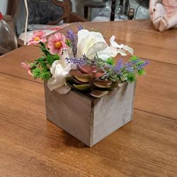 Beautiful Artificial Flower Arrangement In Square Wood Pot W/Decorative Pebbles