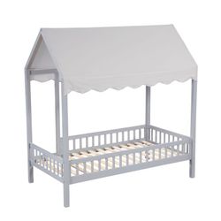 Brand new gray/blue/white twin canopy bedframe (80.5 x 43 x 83.5H)