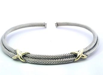  Silver 14K Gold Double X Cable Choker Collar Necklace $45