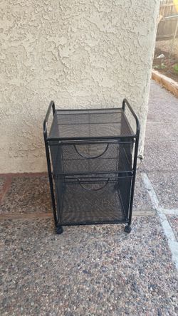 Pre-owned mini black metal storage cart with wheels could use some cleaning