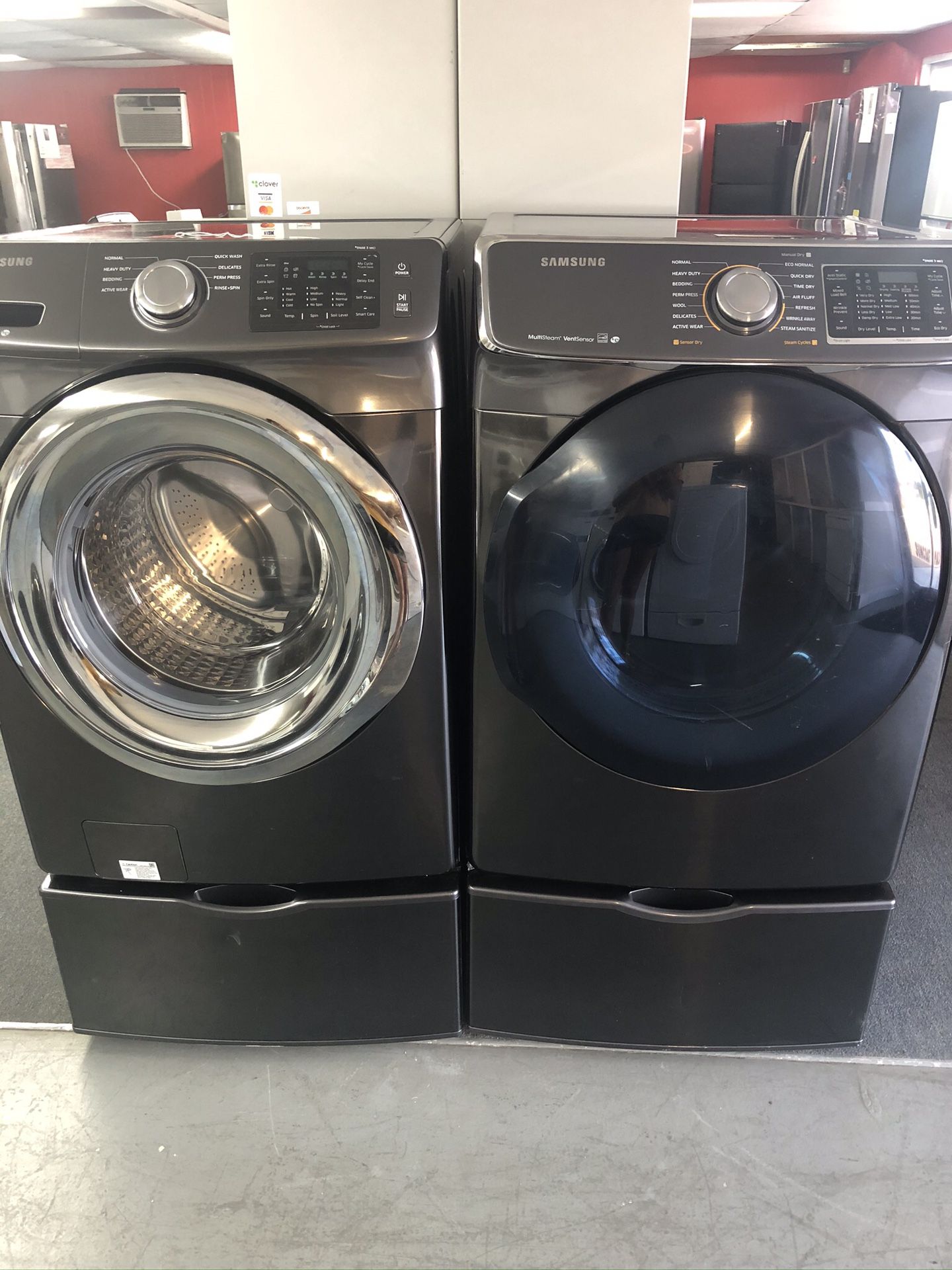 Used Samsung high efficiency front load washer and dryer set. 1 year warranty
