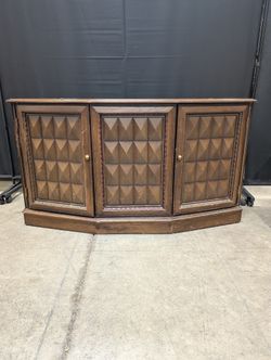 Vintage Dark Wood Corner Storage Cabinet with Geometric Doors