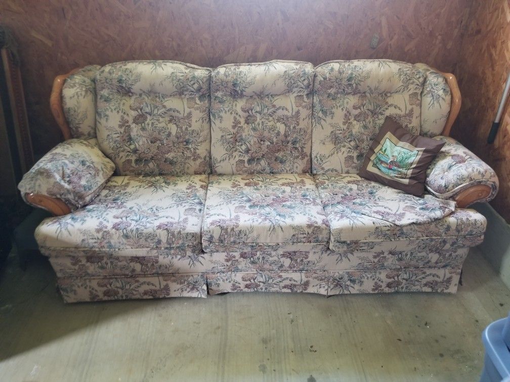 Floral Fabric & Wood Couch 