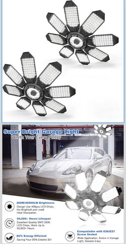 Garage Lights - 40000LM Super Bright Garage Lights Ceiling Led w/ 8 Deformable Panels Compatible for E26/E27 Screw in Socket Garage Lighting Bulb for 