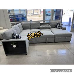 Gray Boucle fabric 4-Piece Convertible Sectional Sleeper Sofa W/Fold-Down Table, Chaise Storage, Wireless Charging & Built-in Shelf