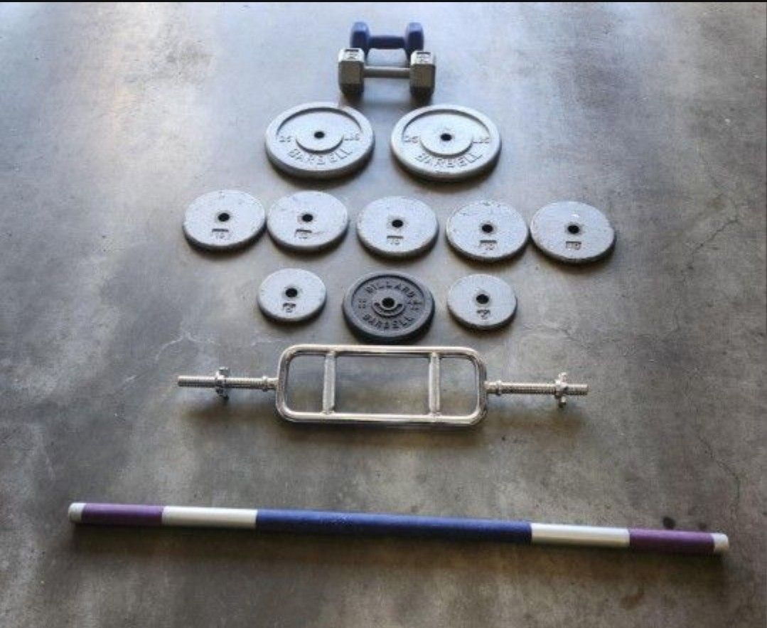 150 Lb Weight Set 2 Dumbbell Handles Toning Pole & Triceps Bar Pd $390