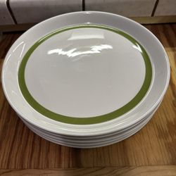 Crate & Barrel  Green Striped 10”&1/2 Set of 5 Dinner Pates