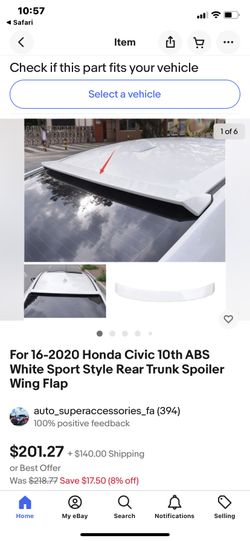 2016 honda civic Sedan 4door rear window spoiler Painted Gloss white