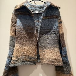 Fashion Nova Blue & Brown Zip-up Sweater