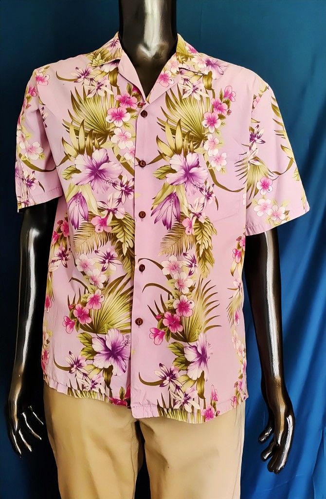 Pacific Legend Hawaiian Shirt Men L Purple Floral 100% Cotton Aloha Camp USA VTG