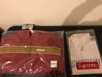 SUPREME strip panel down jacket Size M –500$ SUPREME half zip track jacket Size M – 250$