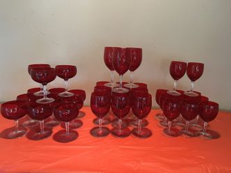Vintage Gorham Cabachon Ruby Champagne, Water, Wine Stemware  Glasses - 35 pieces total