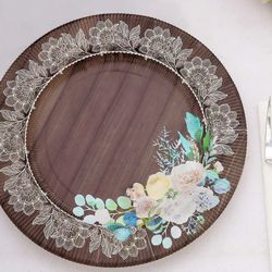 25-Pack Disposable Paper Round Charger Plates 13" Brown Rustic Wood Print with Floral Lace Rim - Paper Chargers for Rustic & Boho Themed Events 