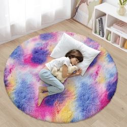 6x6 Ft Luxury Fluffy Round Roses Rug, Colorful Circle Rugs, Shaggy and and Kawaii Rug