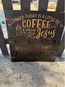 Rustic Coffee & Jesus Wall Key Holder / Entryway Organizer