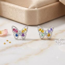 925 Sterling Silver Colorful CZ Butterfly Earrings Stud Jewelry