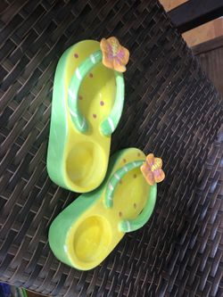Yellow and green flip flop tea light or votive candle holders, 6x3, pair