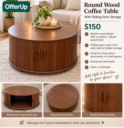 Round Wood Coffee Table with Sliding Storage
