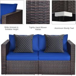 2-Piece Patio Rattan Loveseat - Sectional Corner Sofa Set w/Removable Cushions & Pillows, All Weather Furniture Set for Porch, Poolside, Balcony, Yard