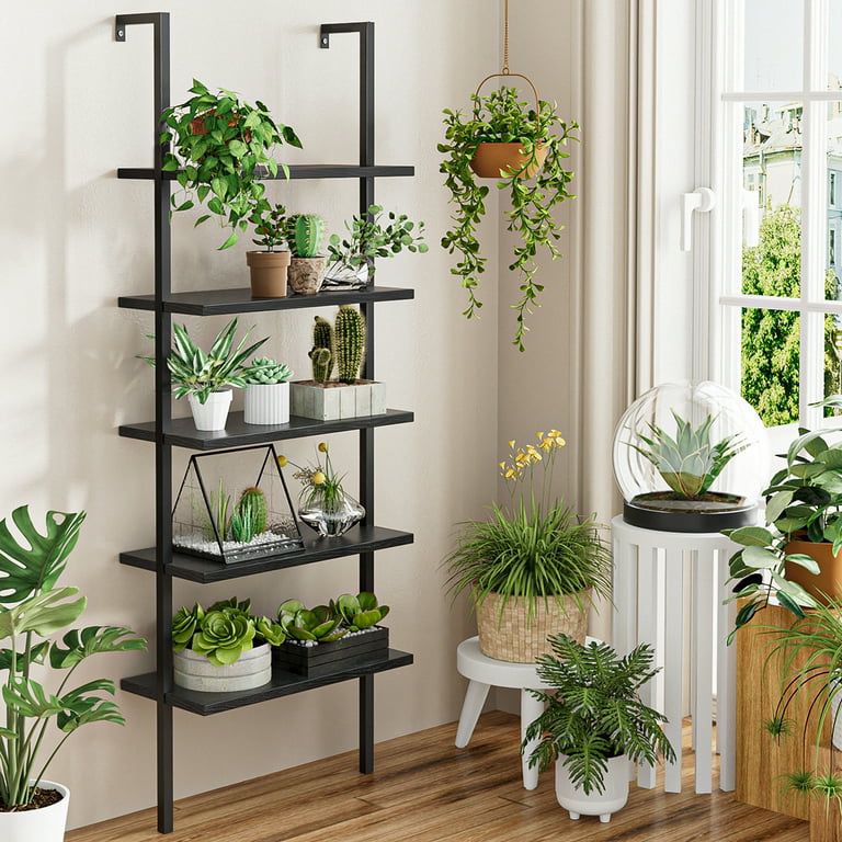 New Industrial Ladder Shelves, 5-Tier Wood Wall-Mounted Bookcase with Stable Metal Frame, 72 Inches Storage Rack Shelves Display Plant Flower
