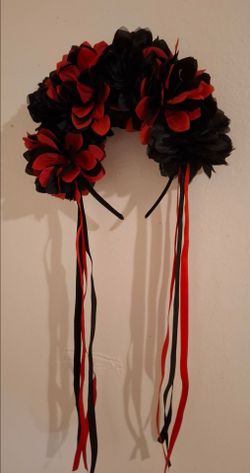 Day of the Dead / Halloween Rose Flower Crown Headband with Ribbons