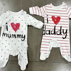 2-Pack Baby Clothes Bodysuit I Love Daddy & Mummy Print Long Sleeve Cotton Romper