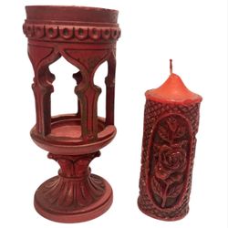 Vintage Moroccan Mediterranean Wood  Look Molded Resin Candle Holder + Candle