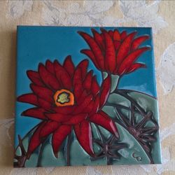 Carly Quinn ceramic art tile, hand glazed, hedgehog cactus bloom, cork backing