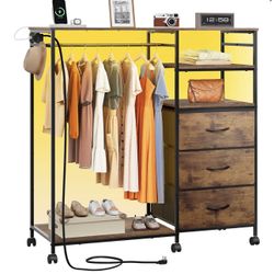 42''W Dresser for Bedroom with Hanging Rack, 3 Drawer Dresser with LED Lights & Charging Station, Fabric Dressers & Chest of Drawers, Storage Organize