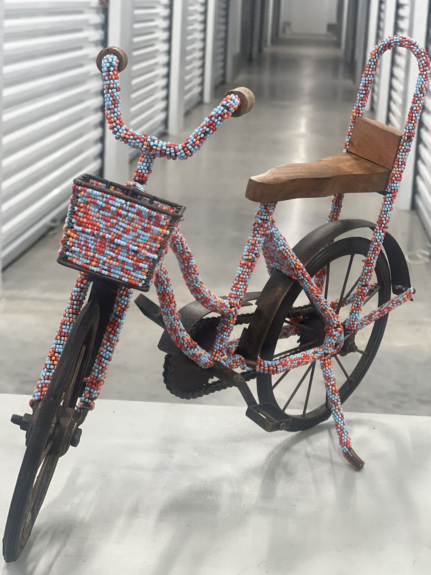 Vintage Metal Folk Art Bicycle Model Seed Bead Decorated Decor Free Ship. Used in good condition with some minor cosmetic blemishes. These blemishes a