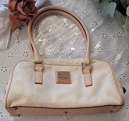Dooney & Bourke Cream Logo Jacquard Satchel with Gold Plaque vintage