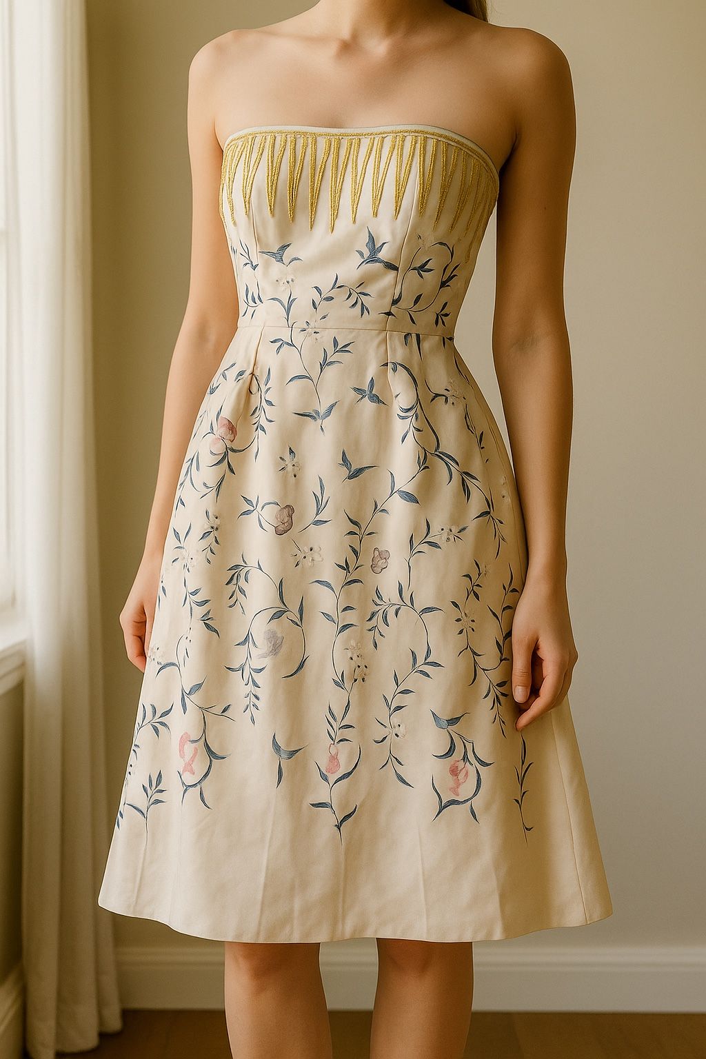 Strapless Floral Bird Print Midi Dress with Gold Embroidery Yellow Cream – Size XS New