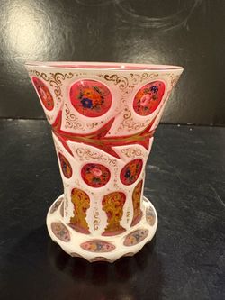 Vintage Bohemian Glass Vase White Cut To Red Cranberry Colored Hand Painted Excellent Condition