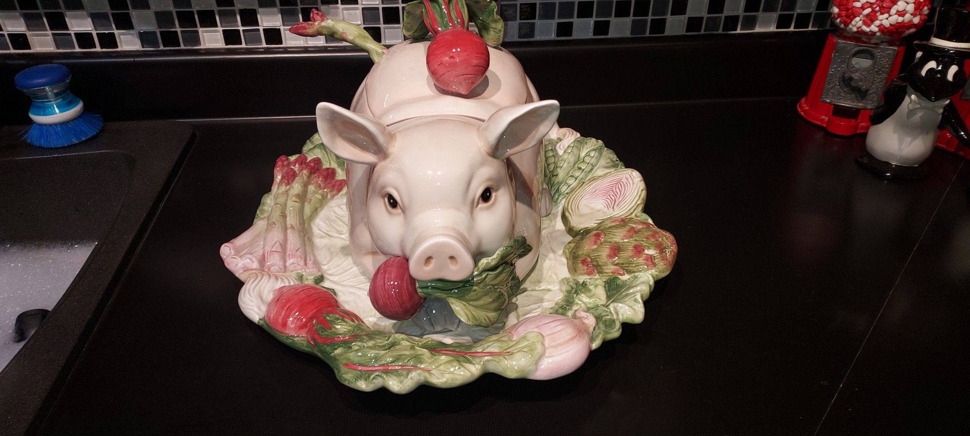 Vintage Fitz and Floyd French Market Pig Soup Tureen with Platter and Ladle