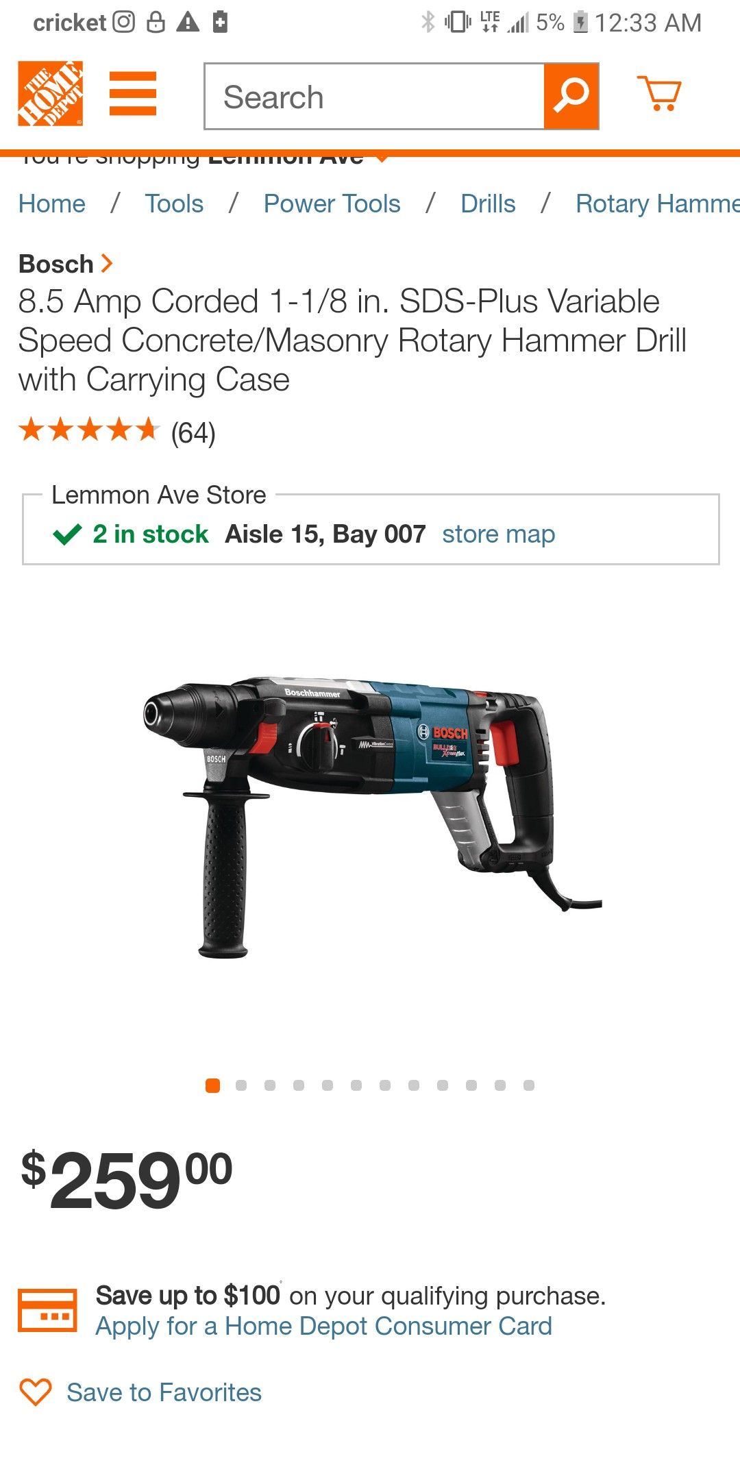 BOSCH SDS-Plus Variable speed/concrete/masonry Rotary Hammer Drill