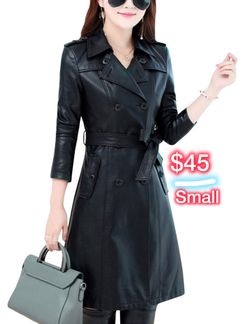 New! Small- Women double Breasted Faux Leather Mid long Jacket Coat 