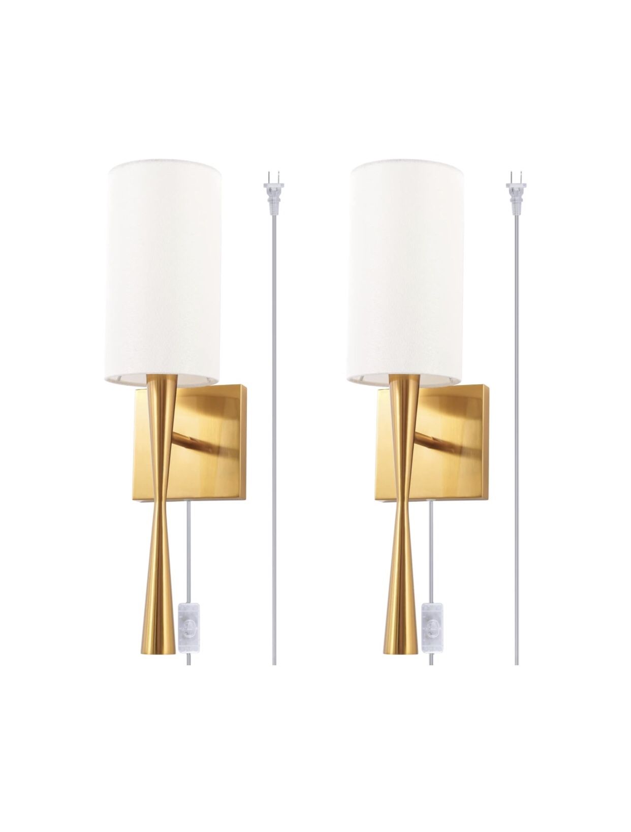 Modern Plug in Wall Sconce Set of 2, with Creamy-White Fabric and Antique Brass Brush Paint Finish Shade and On-Off Switch Cord for Vanity Stairway Fi