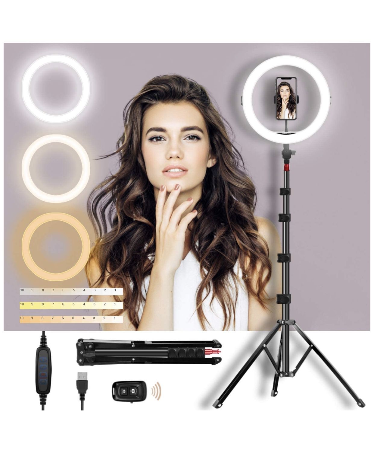 Selfie Ring Light with Adjustable Tripod Stand & Phone Holder 11" Dimmable LED Camera Ring Light for Live Stream/Makeup/Video, with Remote