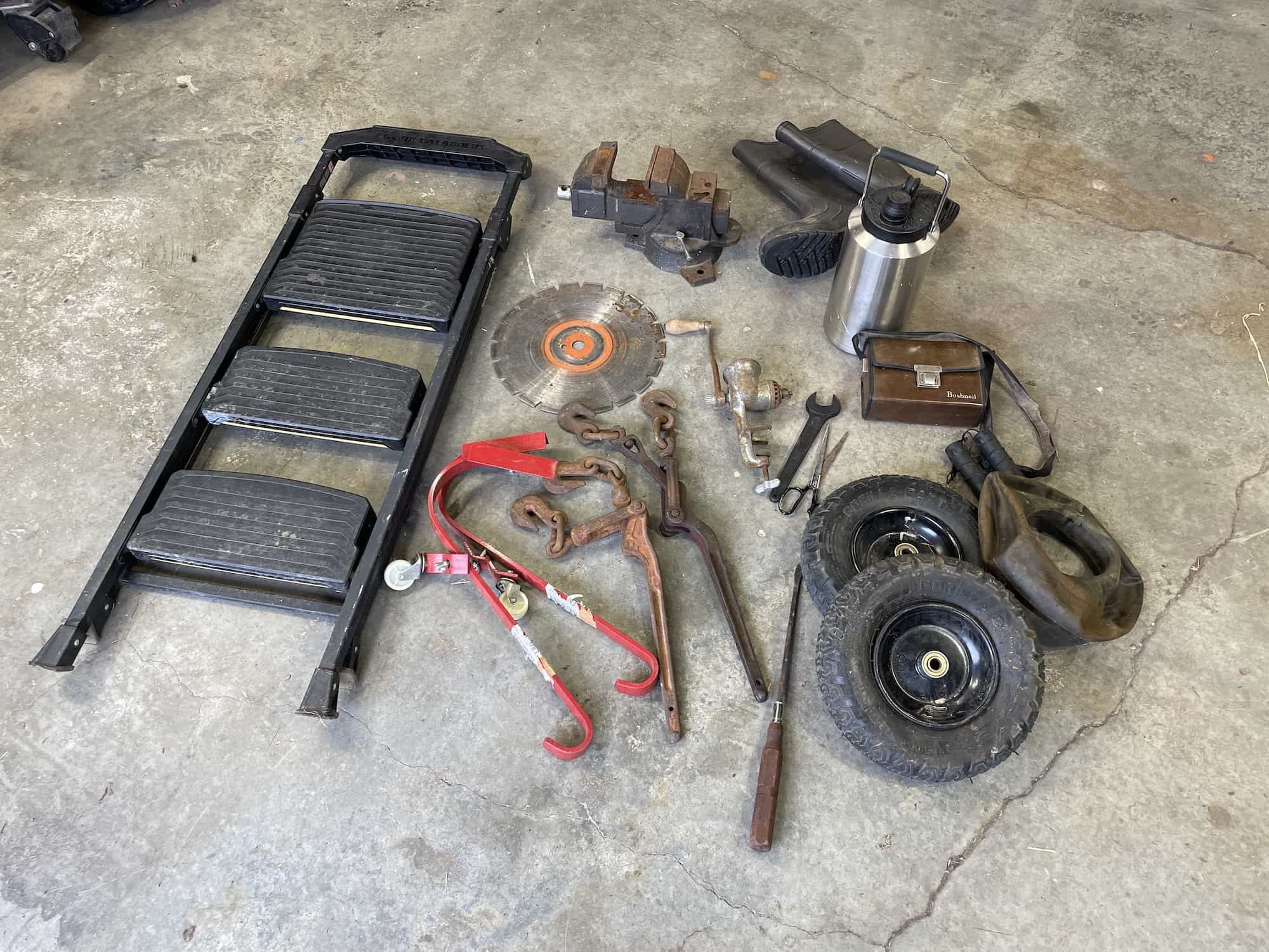 $50 - Tools GRAB BAG #21: Step ladder, vice, muck boots, binoculars, LARGE vacuum thermos, dolley wheels + more