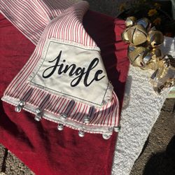 Table Runner Red, White Stripes with Small Silver Bells