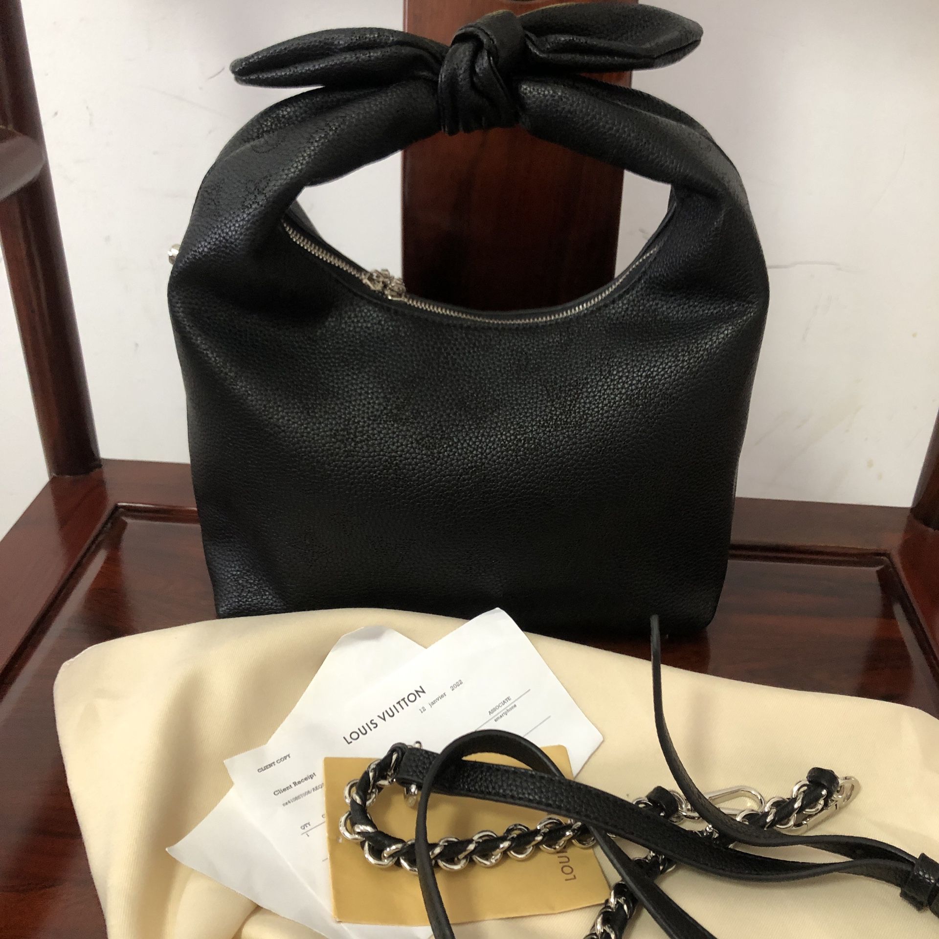 Louis Vuitton black leather chain tote bag