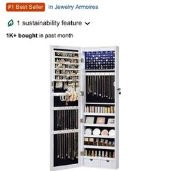SONGMICS 6 LEDs Mirror Jewelry Cabinet, 47.2-Inch Tall Lockable Wall or Door Mounted Jewelry Armoire