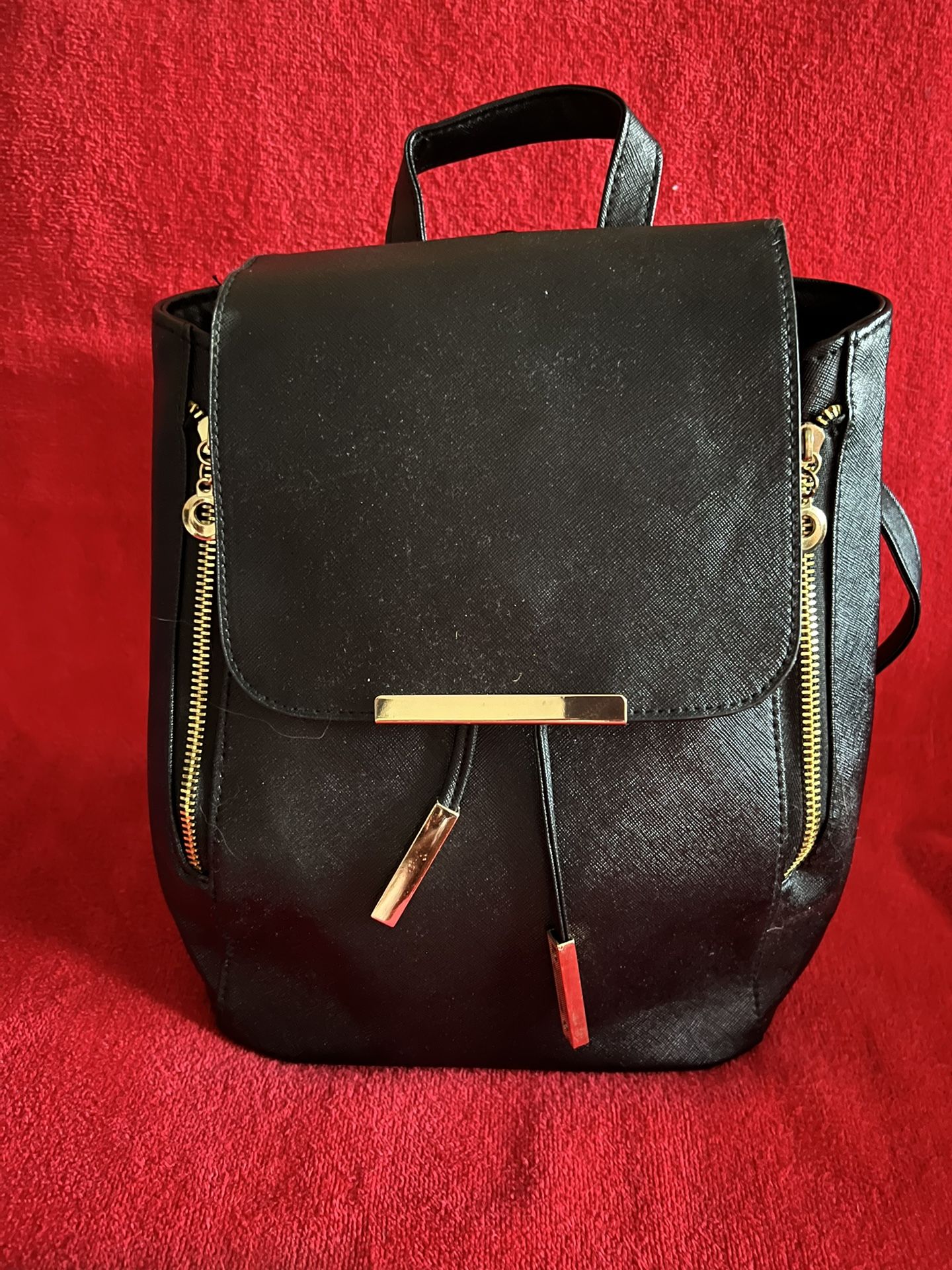 Backpack Purse Shoulder Back Bag Black With Gold Accents