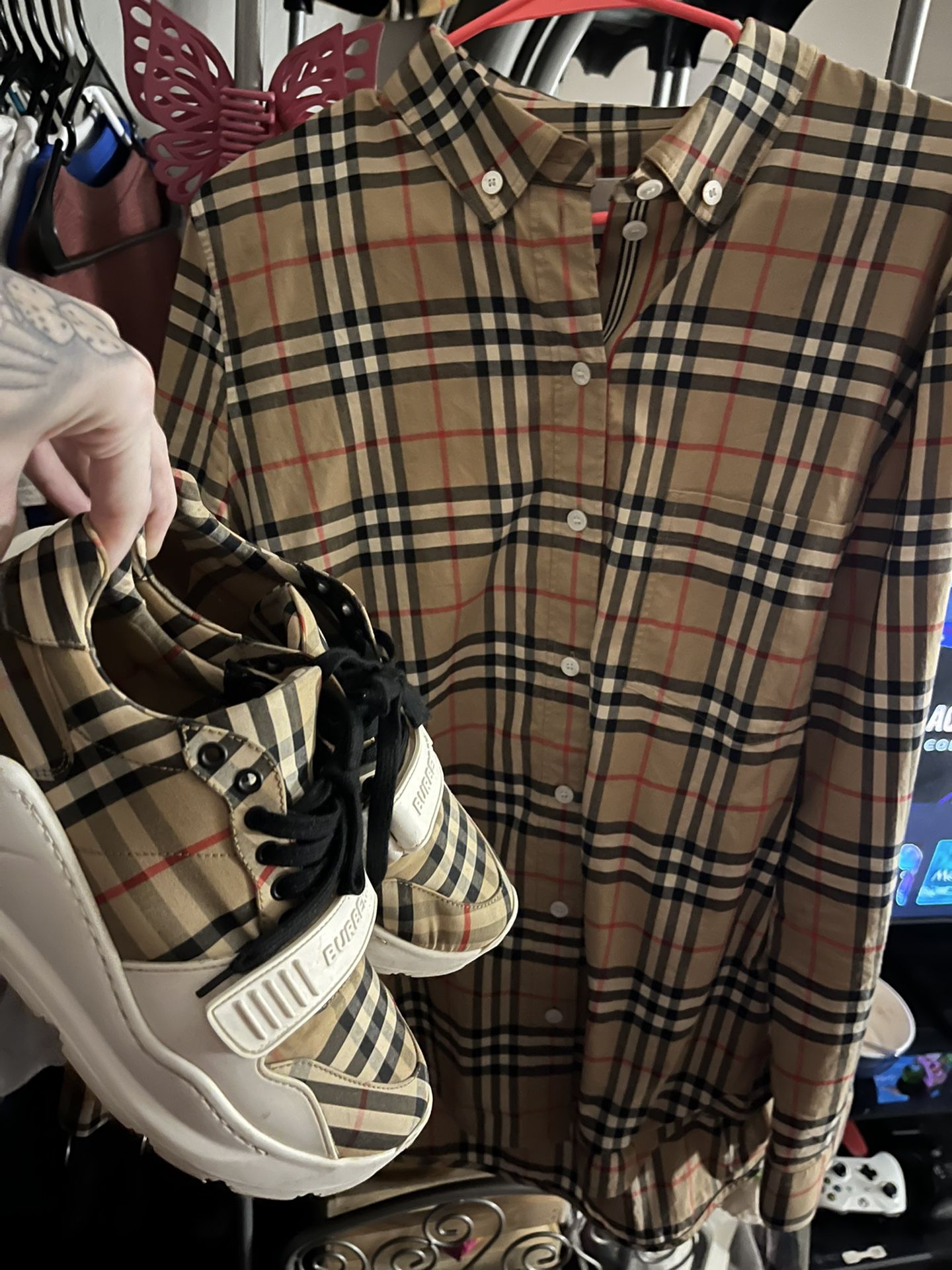 burberry kicks and button up 