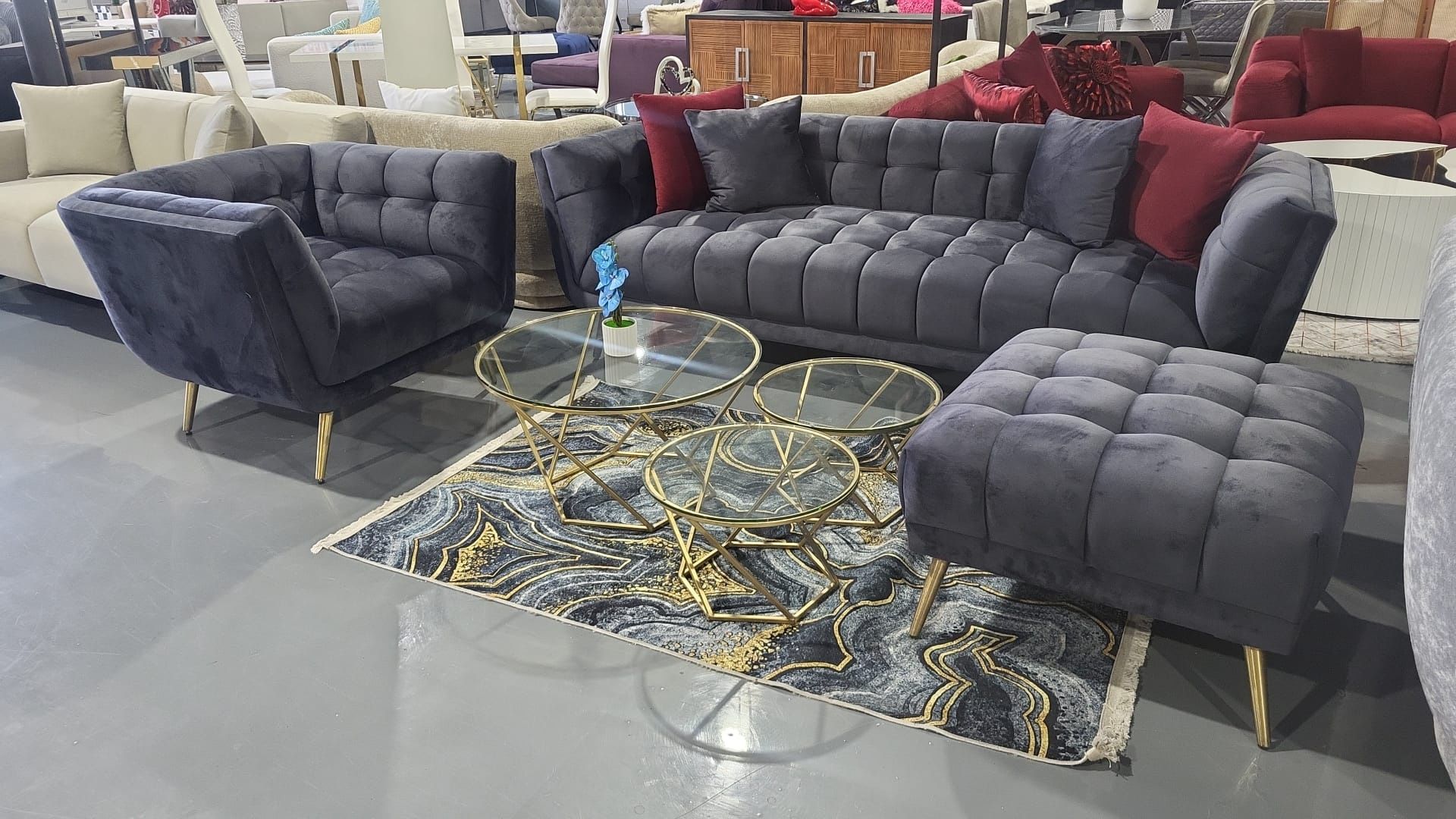 NEW 3 PIECE LIVINGROOM SET SOFA ARMCHAIR OTTOMAN DARK GRAY VELVET