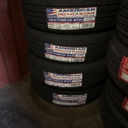 SET OF FOUR NEW TIRES 205/70/16 AMERICAN ROADSTAR INCLUDING MOUNT AND BALANCE, ASK ME FOR SIZES AND BRANDS 