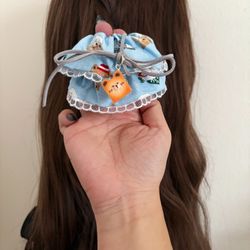 Cute blue dog with bear bread accessory scrunchie/hair tie