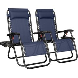 Zero Gravity Recliners Outdoor Adjustable Folding Reclining Lounge Chairs w/Pillows, Cup Holder Trays and Carry Strap for Patio Backyard Beach Navy Bl