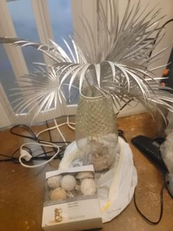 Moving sale. Tomorrow last day for pick up.  16 inch tall vase, silver palm leaves, lights, decorative vase fillers